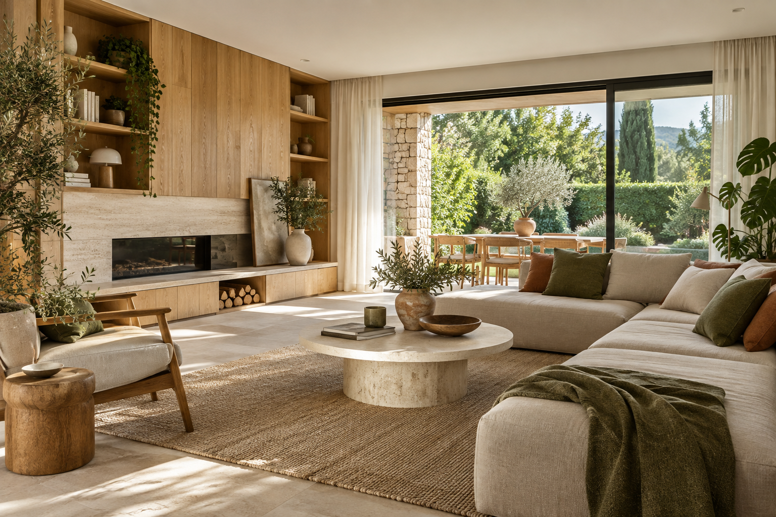 Heller Wohnraum mit Holz, Naturstein und maßgefertigten Details